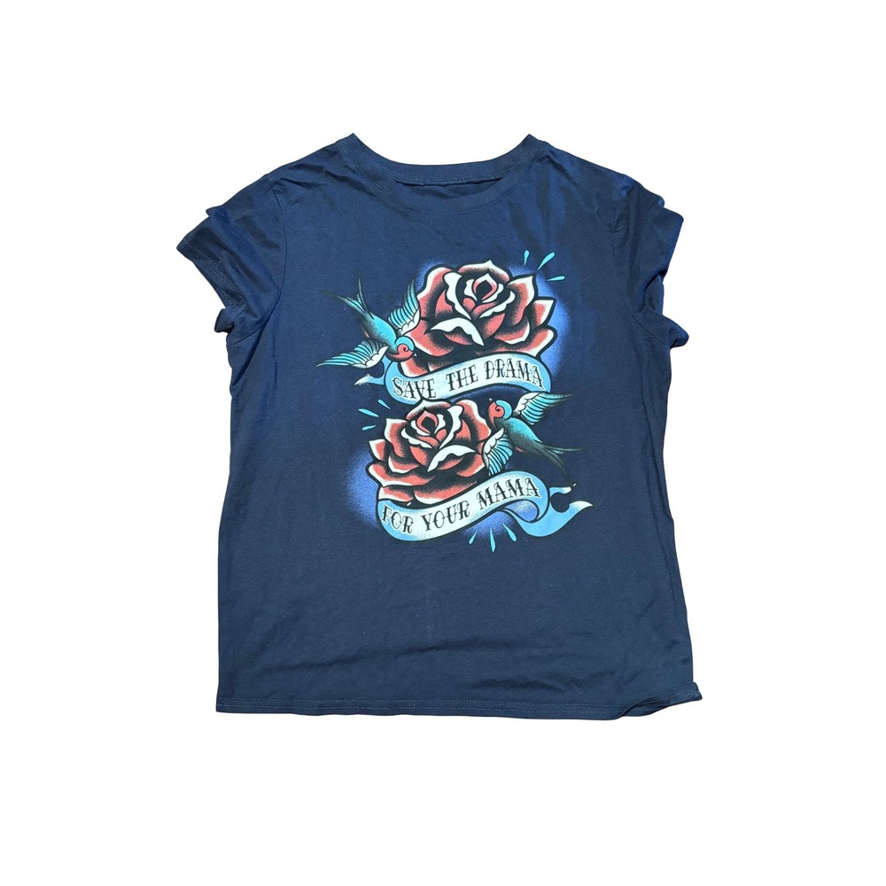 Wound Up Girls Save The Drama For Your Mama Rose Tattoo Graphic Tee Navy M 7-9